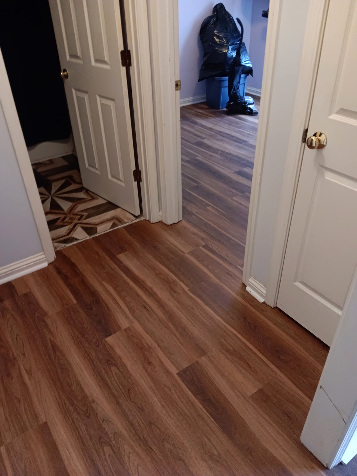 Newly installed wood-look flooring in a hallway and doorway